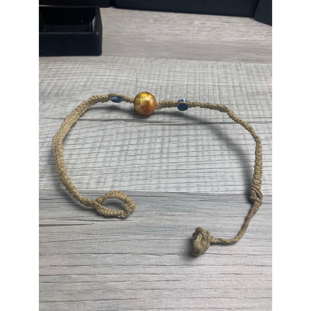 Handmade Macrame Hemp Necklace Amber Swirl Bead Blue White Ceramic Symbols 14in